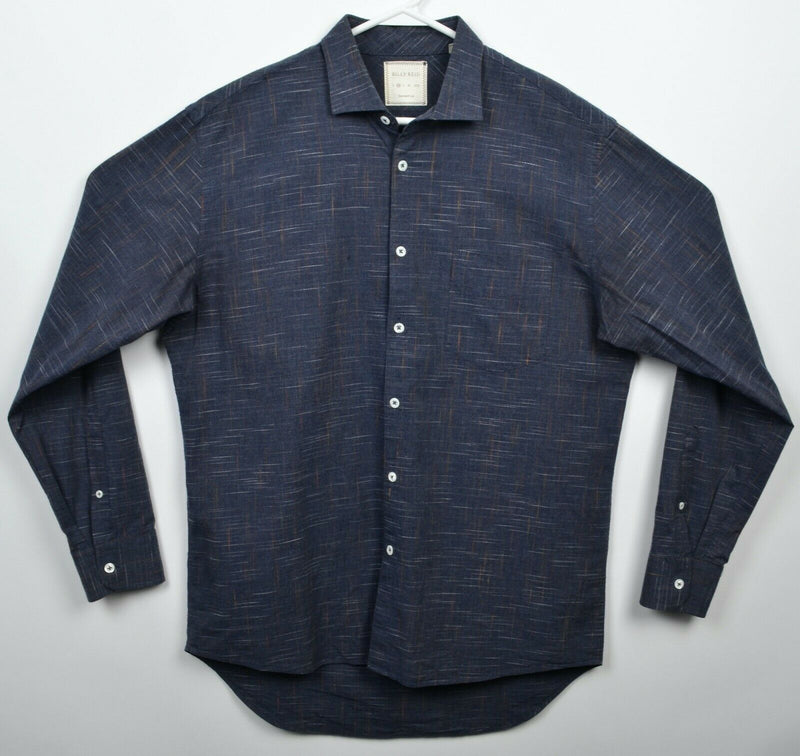 Billy Reid Men's Medium Standard Cut Blue Geometric Stitch Button-Front Shirt