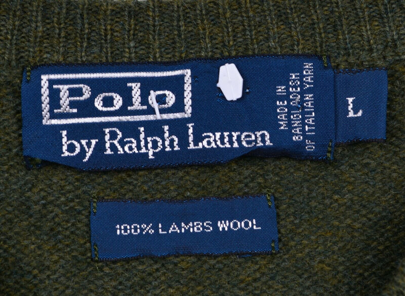 Polo Ralph Lauren Men's Large 100% Lambswool Olive Green V-Neck Pullover Sweater