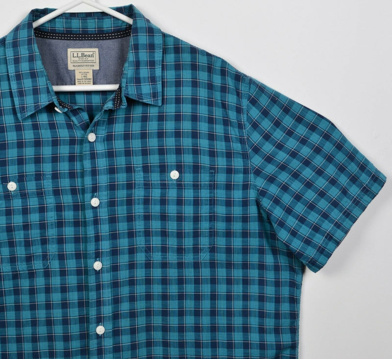 L.L. Bean Men's Large Slightly Fitted Blue Plaid S/S Casco Bay Camp Shirt