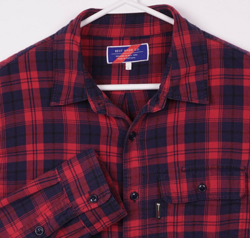 Best Made Co. Men's Large Red Navy Blue Plaid Axe Tag Elbow Pad Button Shirt