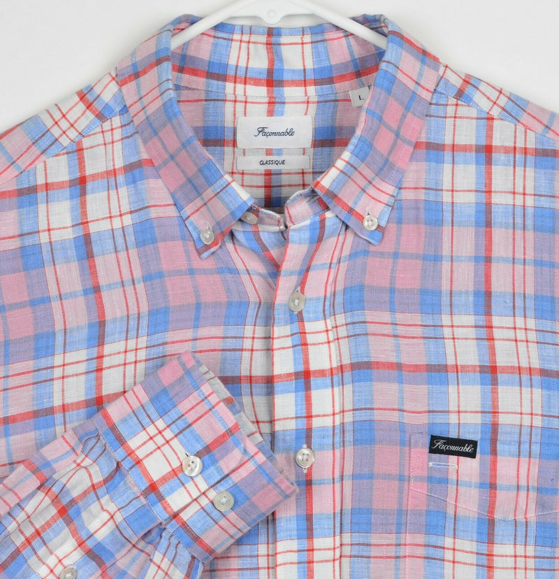 Faconnable Men's Sz Large 100% Linen Classique Pink Blue Plaid Shirt