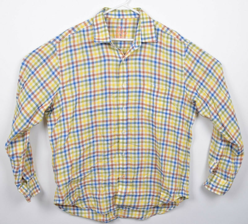 J. McLaughlin Men's XL 100% Linen Multi-Color Yellow Check Button-Front Shirt