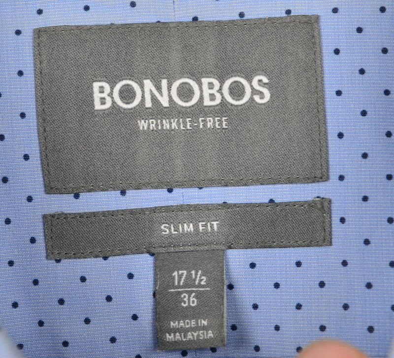 Bonobos Wrinkle-Free Men's Sz 17.5/36 Slim Fit Blue Polka Dot Dress Shirt