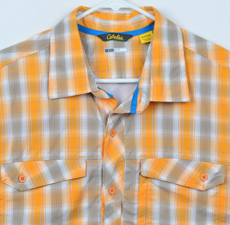 Cabela's CoolMax Men's Sz XLT Vented Nylon Orange Plaid Hiking Fishing Shirt