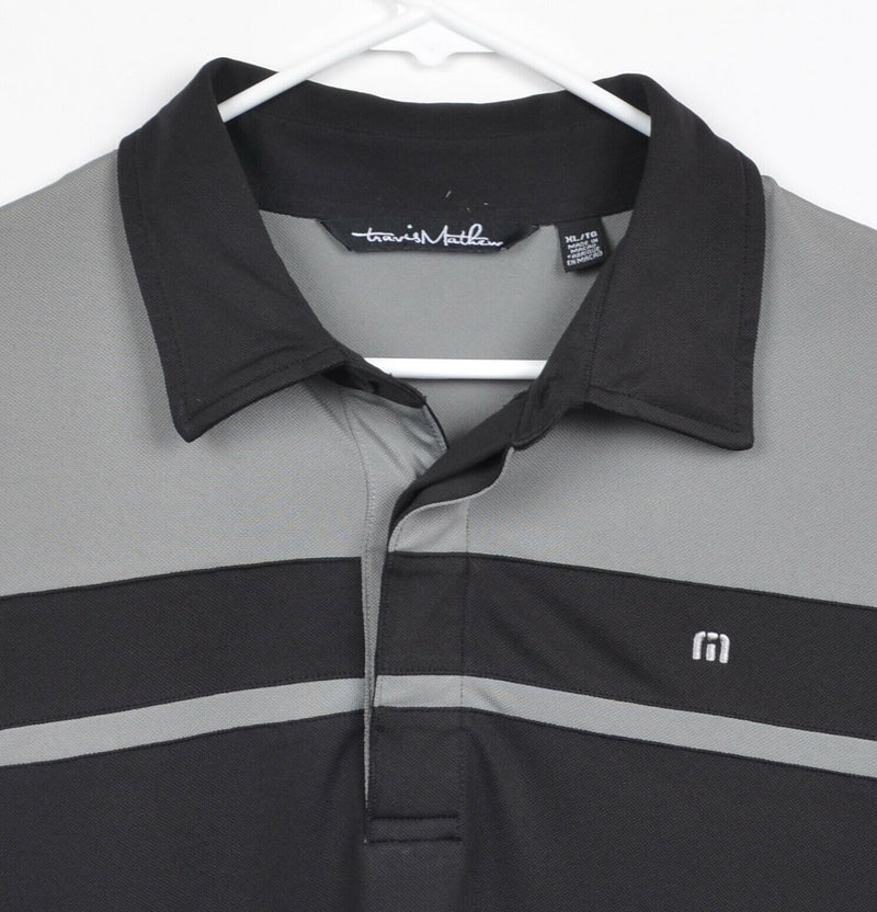 Travis Mathew Men's Sz XL Black Gray Striped Polyester Logo Golf Polo Shirt