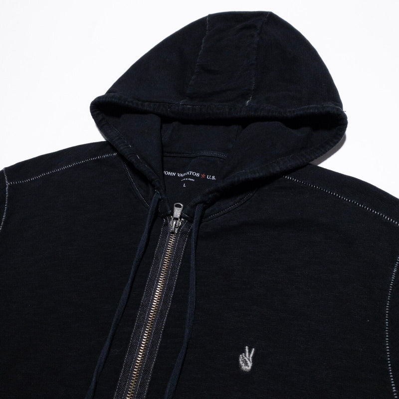 John Varvatos Zip Hoodie Men's Large Sweatshirt Peace Sign Logo Black Designer