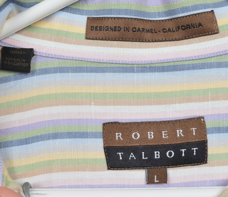 Robert Talbott Men's Large Linen Blend Multi-Color Striped Button-Down Shirt