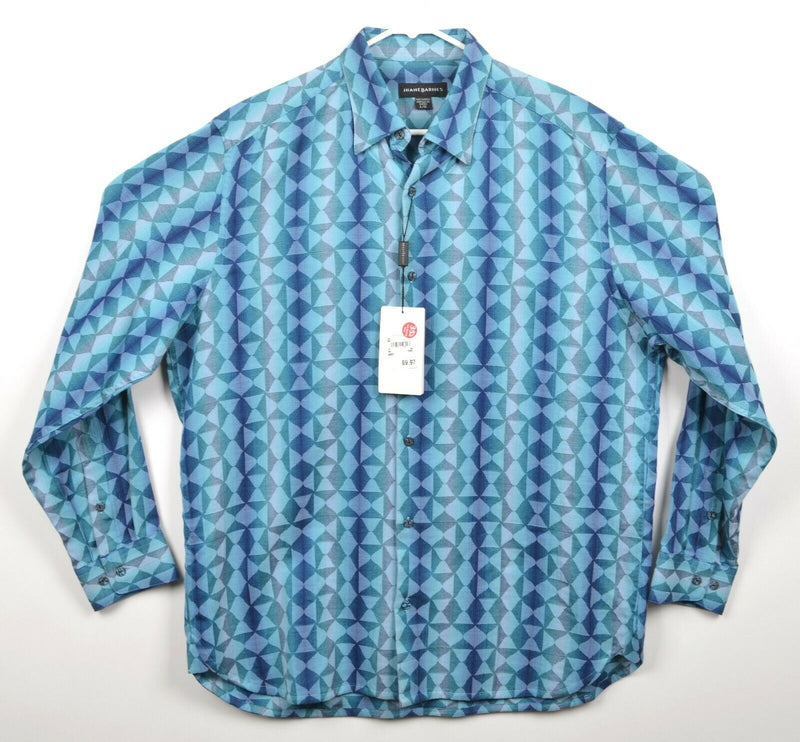 Jhane Barnes Men's Sz Large Blue Wavy Diamond Disco Abstract Shiny Club Shirt