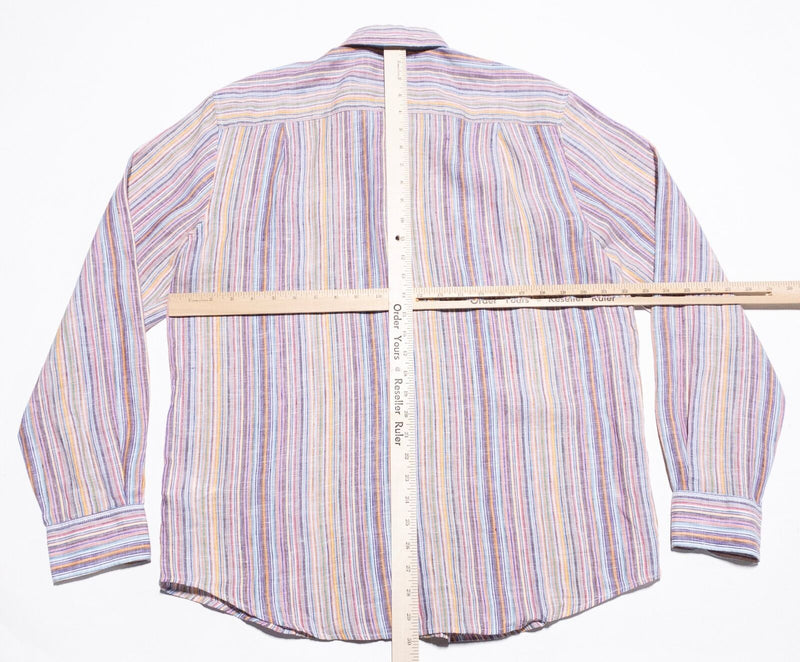 32 Bar Blues Linen Shirt Men's Medium Colorful Striped Pink Yellow Button-Up