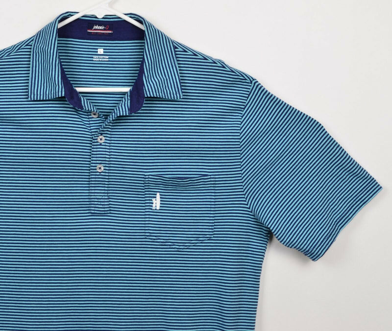 Johnnie-O Men's Sz Large Navy Aqua Blue Striped Surfer Logo Pocket Polo Shirt