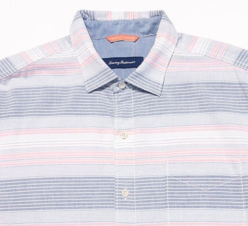 Tommy Bahama Button Up Shirt Large Men's Blue Pink Striped Short Sleeve Beach