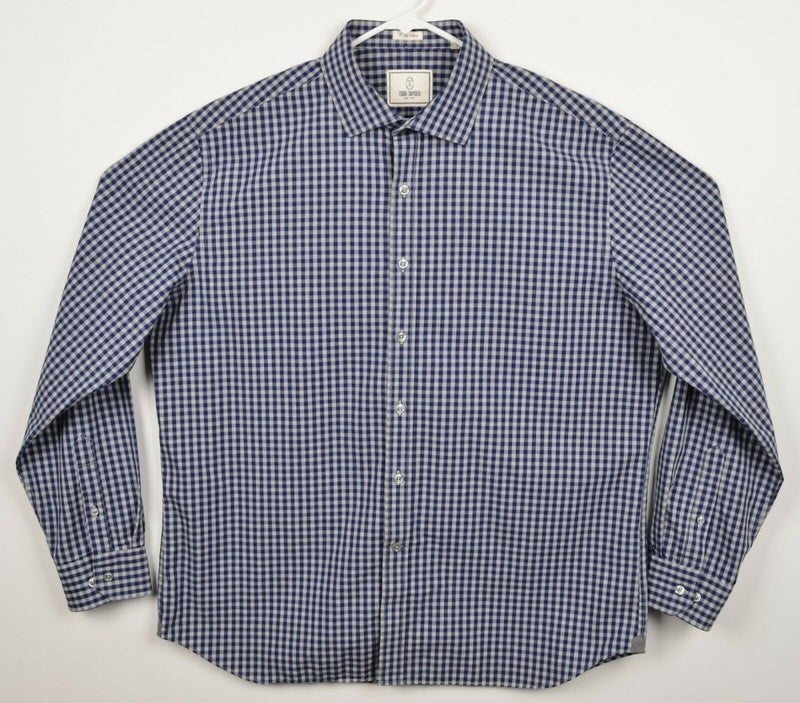 Todd Snyder Men's 17.5 34/35 Navy Blue Gray Gingham Check Spread Collar Shirt