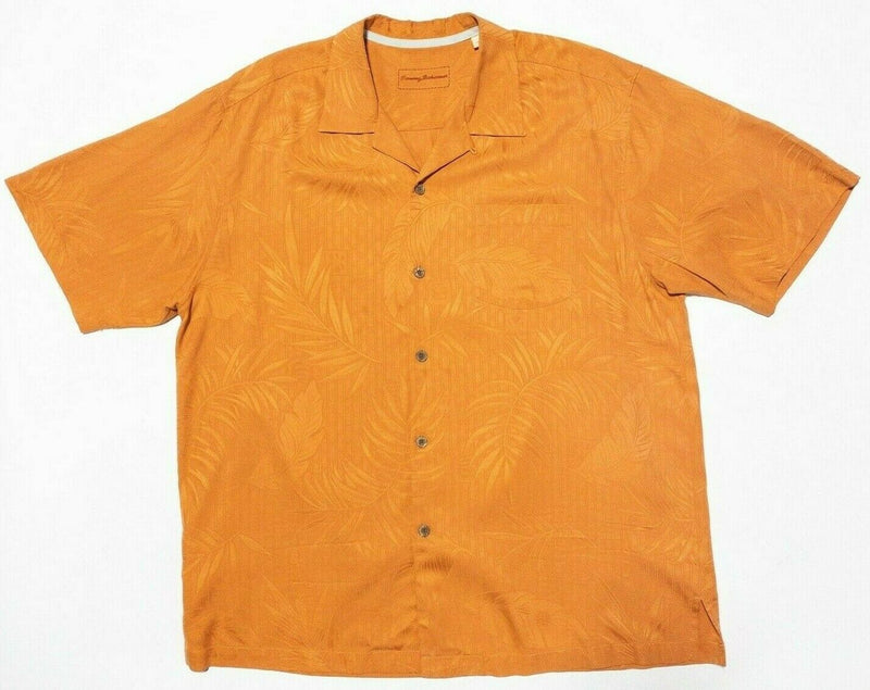 Tommy Bahama Silk Shirt Large Men's Hawaiian Palm Print Floral Orange Aloha