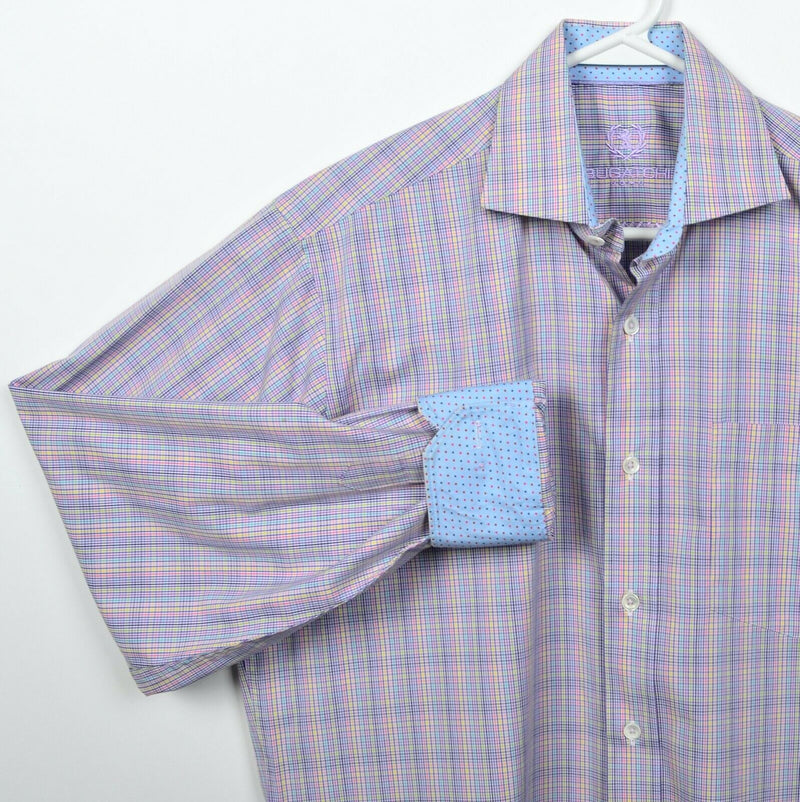 Bugatchi Uomo Men's Small Flip Cuff Purple Pink Multicolor Check Button Shirt