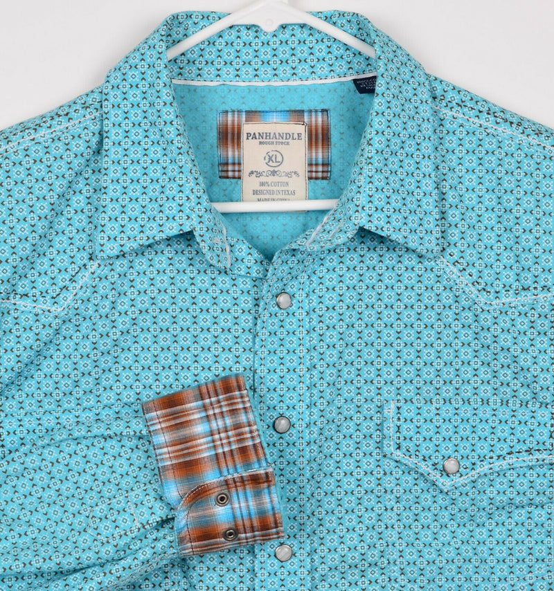 Panhandle Rough Stock Mens XL Pearl Snap Aqua Geometric Western Rockabilly Shirt