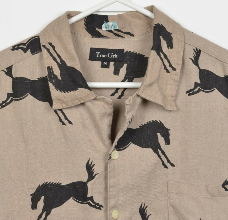 True Grit Men's Medium 100% Linen Horses Pattern USA Western Button-Front Shirt