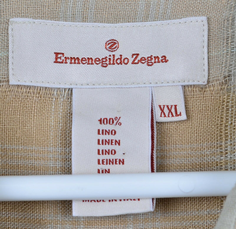 Ermenegildo Zegna Men's Sz 2XL 100% Linen Beige Plaid Check Italian Shirt