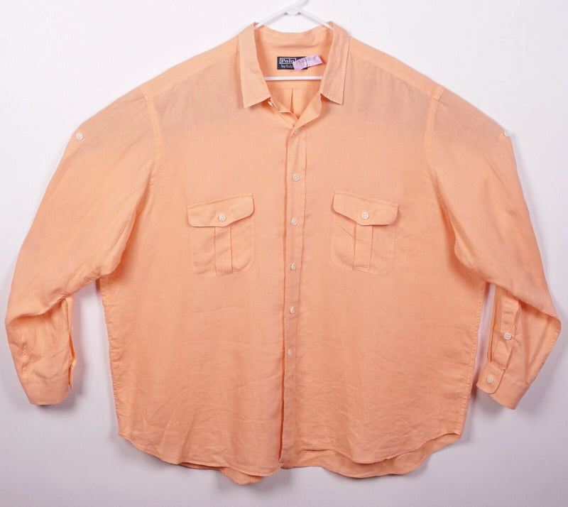 Polo Ralph Lauren Men's 3XB (3XL Big) 100% Linen Solid Orange Button-Front Shirt