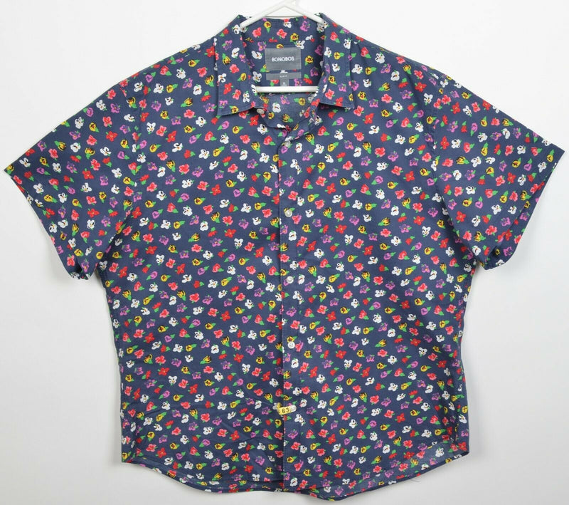 Bonobos Men's XL Slim Fit Floral Print Navy Blue Short Sleeve Button-Front Shirt