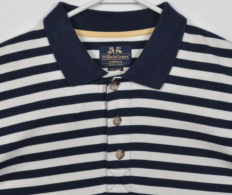 Willis & Geiger Outfitters Men's Medium Navy Blue White Striped Polo Shirt