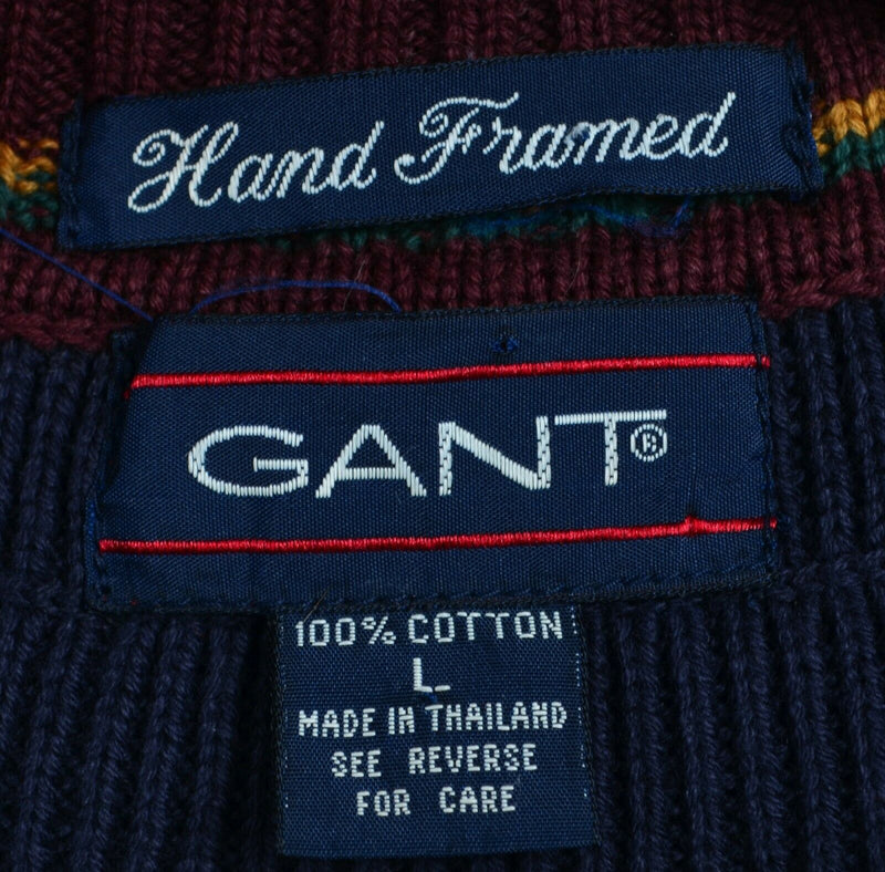 Vintage GANT Men's Large Hand Framed Burgundy Cable-Knit Collar V-Neck Sweater