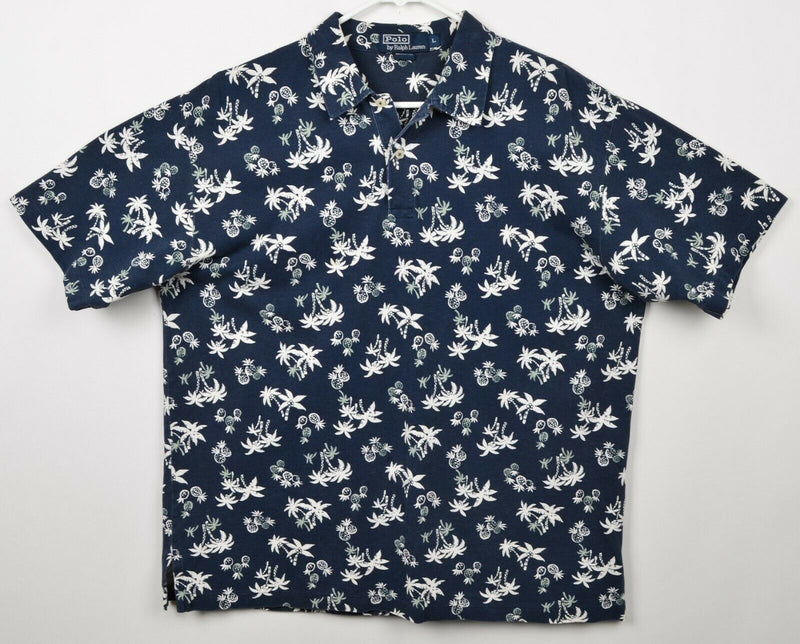 Vtg Polo Ralph Lauren Men's Sz Large Pineapples Floral Navy Blue Polo Shirt