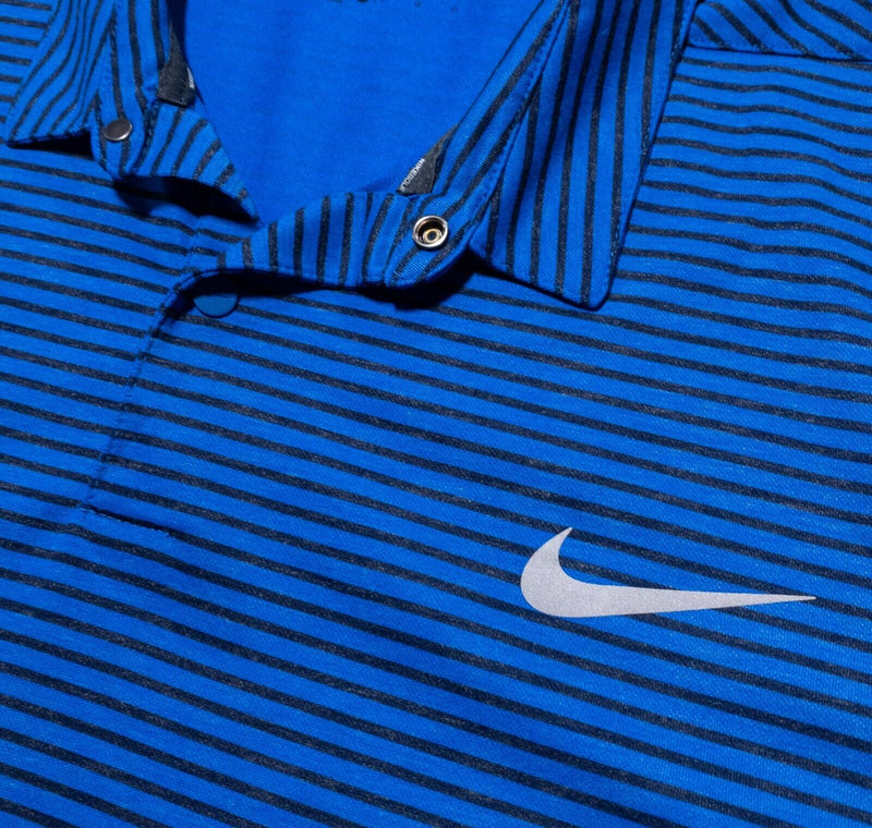 Nike Golf Polo Large Mens Dri-Fit Shirt Wool Blend Blue Striped Snap Swoosh Logo