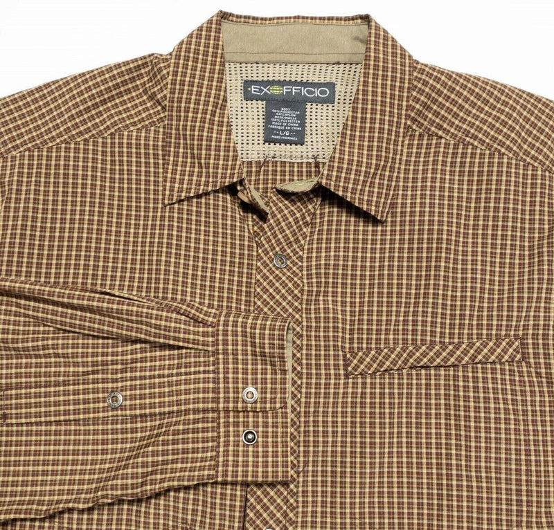 ExOfficio Men's Shirt Large Fishing Travel Vented Snap-Front Long Sleeve Brown