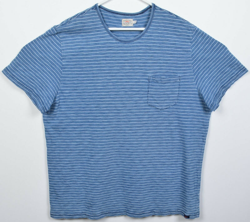 Faherty Brand Men's 2XL Indigo Dyed Blue Striped Crewneck Pocket T-Shirt