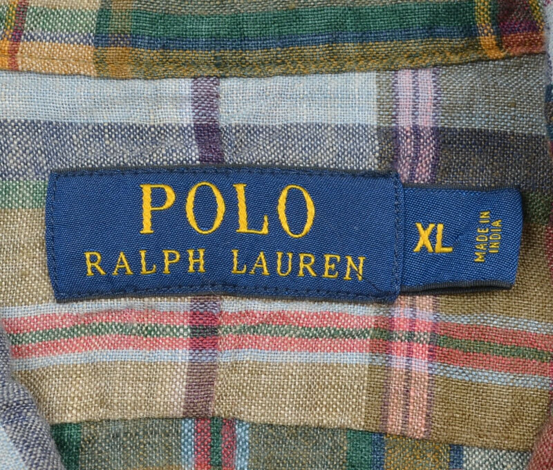 Polo Ralph Lauren Men's XL 100% Linen Brown Red Tartan Plaid Button-Front Shirt