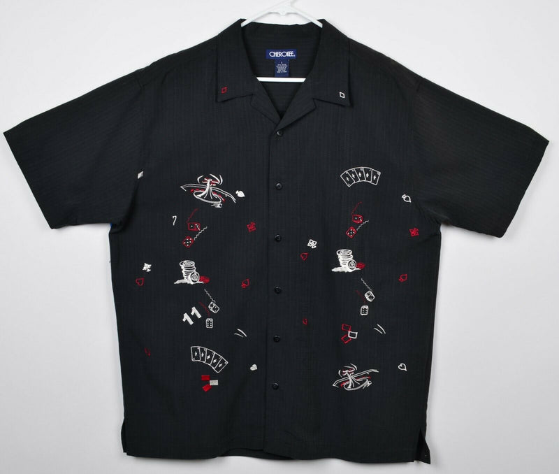 Cherokee Men's Sz Large Embroidered Gambling Cards Casino Black Hawaiian Shirt