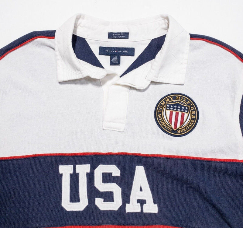 Tommy Hilfiger Rugby Polo Large Men's Shirt USA Flag White Navy Blue Red Stripe