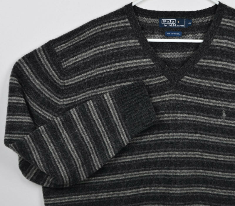 Polo Ralph Lauren Men's XL 100% Lambswool Gray Striped V-Neck Pullover Sweater