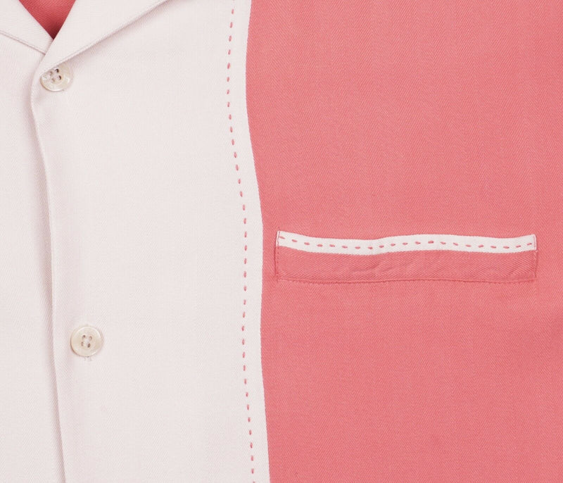 Cezani Men's Sz Large 100% Silk Peach Pink White Panel Bowling Camp Shirt