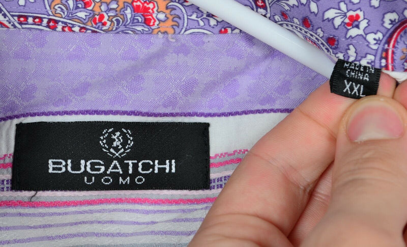 Bugatchi Uomo Men's Sz 2XL Flip Cuff Purple Striped Paisley Casual Dress Shirt