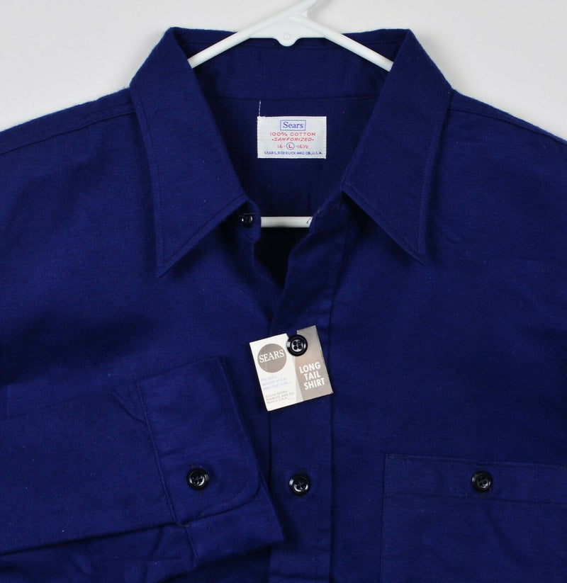 Vintage 60s Sears Men's Large Sanforized Solid Blue Flannel Work Long Tail Shirt