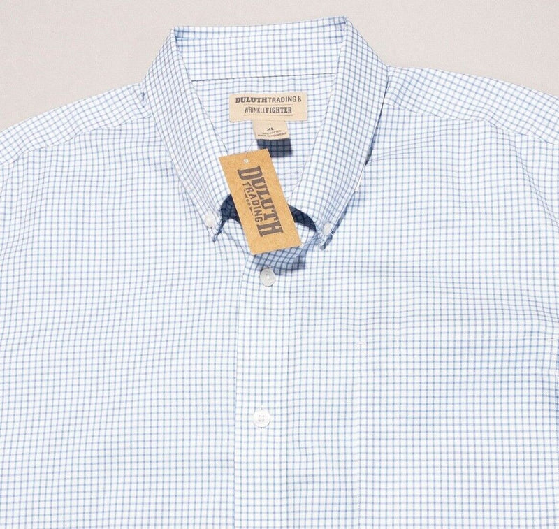 Duluth Trading Wrinkle Fighter Shirt XL Mens White Blue Graph Check Short Sleeve