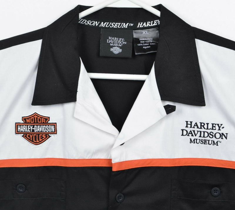 Harley-Davidson Museum Men's XL Black Orange Embroidered Garage Mechanic Shirt