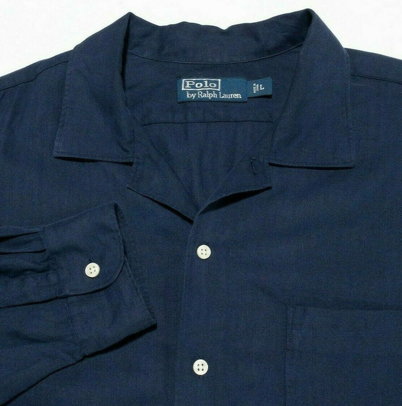 Polo Ralph Lauren Silk Linen Blend Navy Blue Long Sleeve Camp Shirt Men's Large