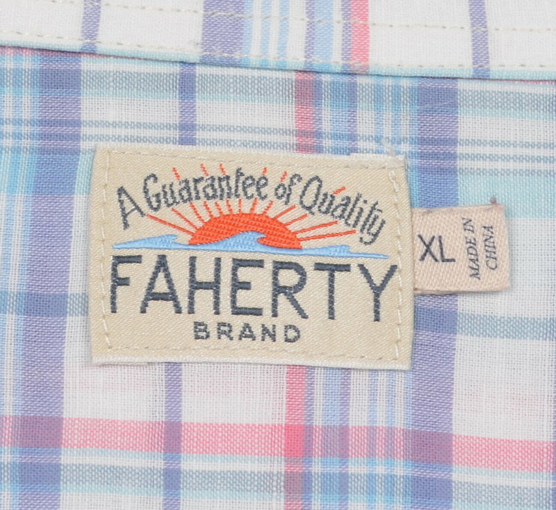 Faherty Men's XL Aqua Blue Pink Plaid Cotton Linen Blend Button-Front Shirt