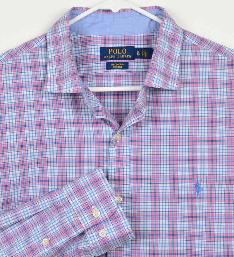 Polo Ralph Lauren Men's Sz XL Stretch Pink Blue Plaid Button-Front Shirt