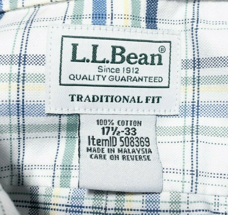 L.L. Bean Wrinkle-Free Classic Oxford Cloth Shirt Green Blue Plaid Men 17.5-33