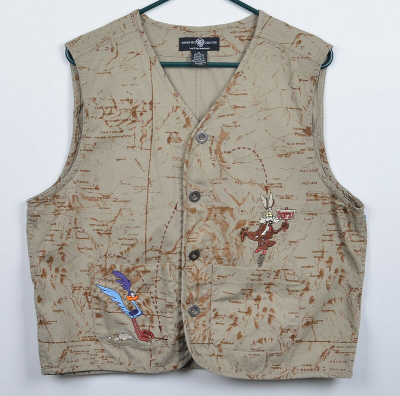 Vtg 1996 Warner Brothers Men's Sz XL Road Runner Wile E. Coyote Map Vest