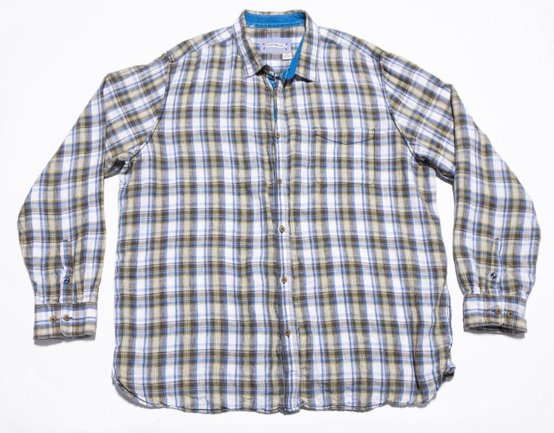 32 Bar Blues Linen Shirt Men's 2XL Long Sleeve Plaid Green Blue Button-Front