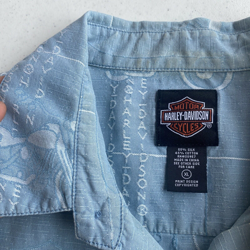 Harley-Davidson Men XL Blue Silk Blend Textured Motorcycle Biker Hawaiian Shirt