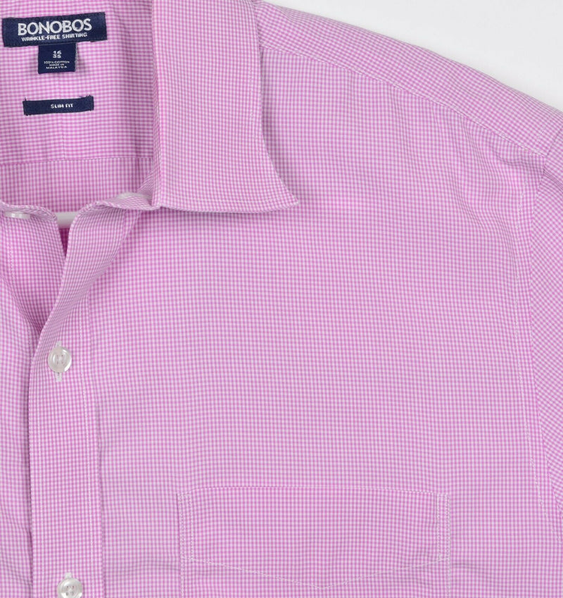 Bonobos Wrinkle-Free Men's Sz 16/35 Slim Pink Gingham Micro-Check Dress Shirt