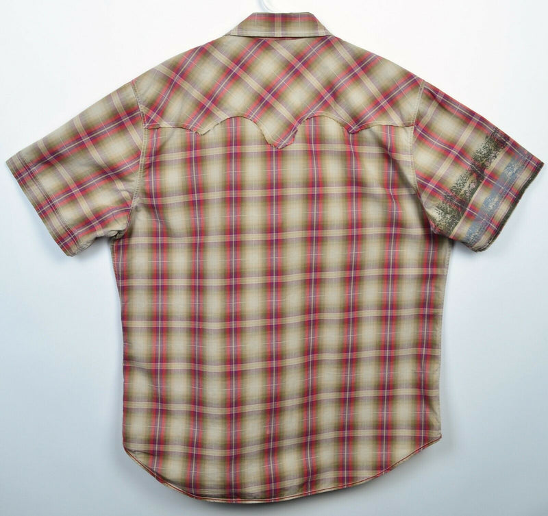 Topman Men's XL Pearl Snap Axes Graphic Country Suppliers Plaid Shirt