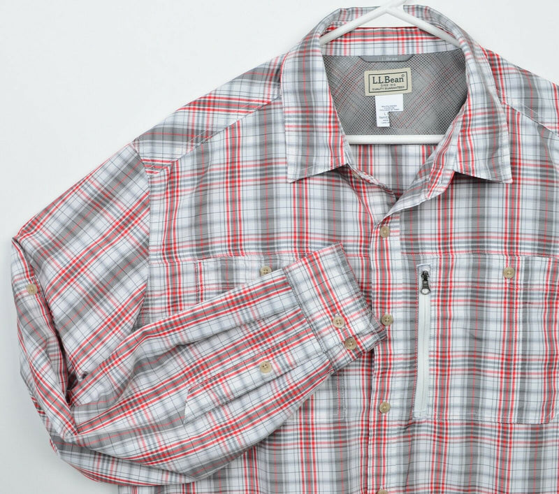 L.L. Bean Men's Large Red Gray Striped Vented Fishing Travel Outdoor Shirt