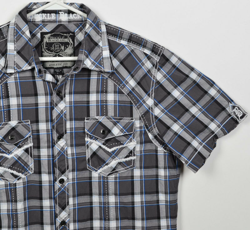 Buckle Black Men's Large Athletic Fit Snap-Front Gray Plaid Cotton Spandex Shirt