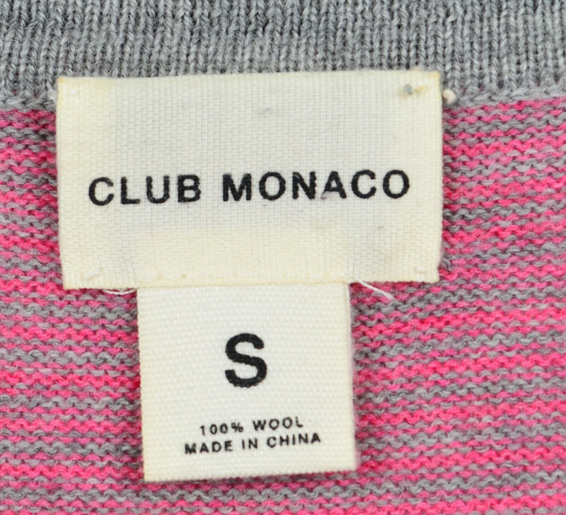 Club Monaco Men's Small 100% Wool Pink Gray Striped Collared Shirt Sweater